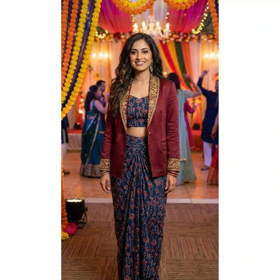 CHITRA - Blouse-Draped Skirt Set with Blazer