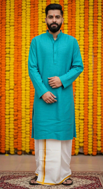Blue Slub Cotton Men's Kurta - SSEthnics