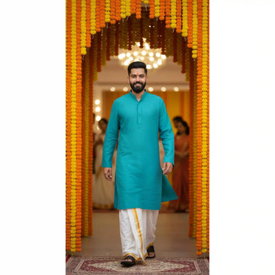 Blue Slub Cotton Men's Kurta - SSEthnics