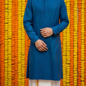 Blue Slub Cotton Men's Kurta - SSEthnics