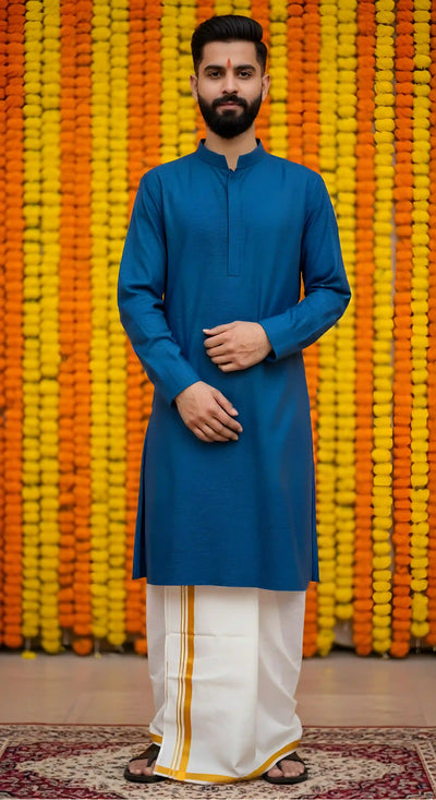 Blue Slub Cotton Men's Kurta - SSEthnics
