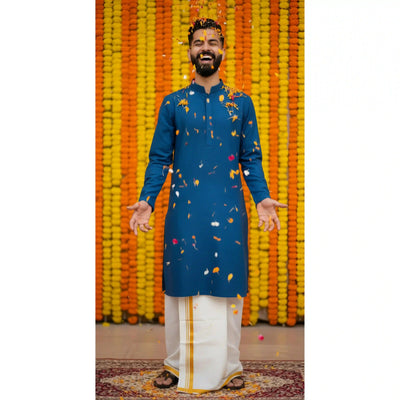 Blue Slub Cotton Men's Kurta - SSEthnics