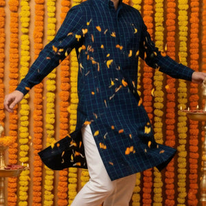 Blue Self Woven Cotton Kurta