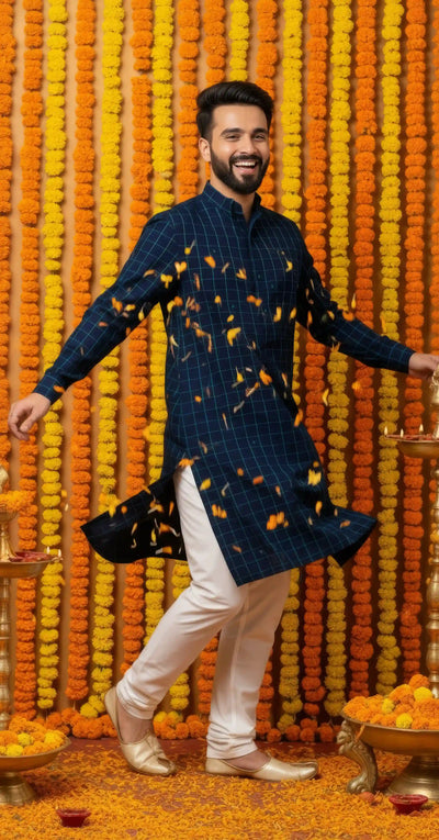 Blue Self Woven Cotton Kurta