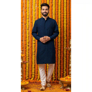 Blue Self Woven Cotton Kurta