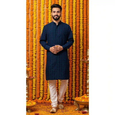 Blue Self Woven Cotton Kurta