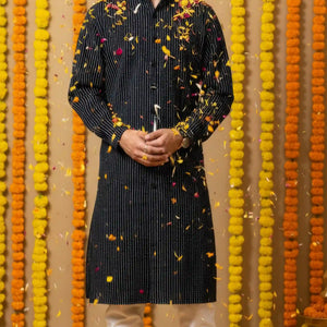 Black Kantha Woven Cotton Kurta