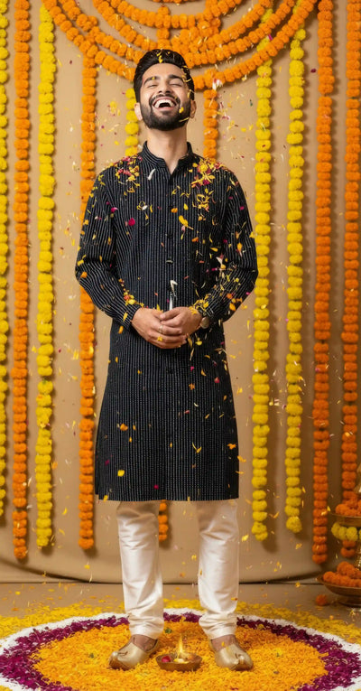 Black Kantha Woven Cotton Kurta