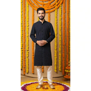 Black Kantha Woven Cotton Kurta