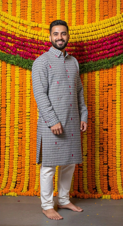 Grey Self Woven Cotton Kurta