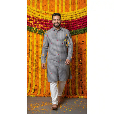 Grey Self Woven Cotton Kurta