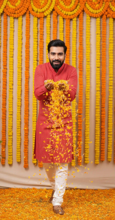 Red Kantha Woven Cotton Kurta