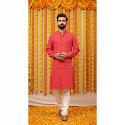 Red Kantha Woven Cotton Kurta