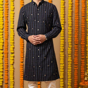 Black Self Woven Cotton Kurta