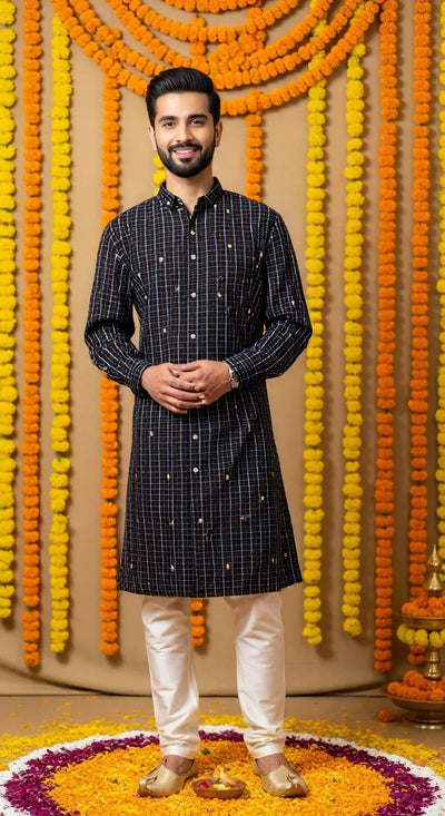 Black Self Woven Cotton Kurta