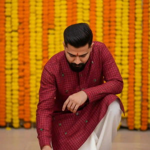 Maroon Self Woven Cotton Kurta