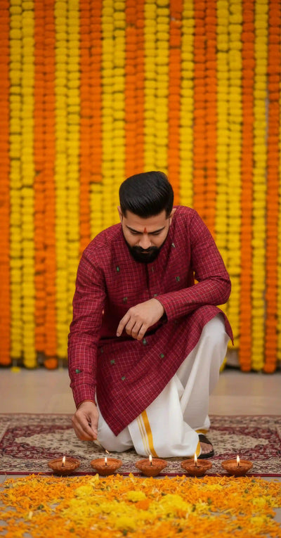 Maroon Self Woven Cotton Kurta