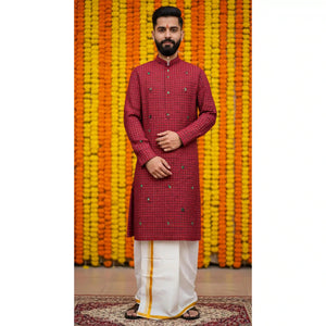 Maroon Self Woven Cotton Kurta