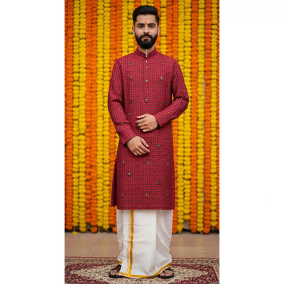 Maroon Self Woven Cotton Kurta