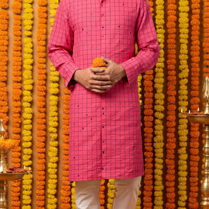 Pink Self Woven Cotton Kurta
