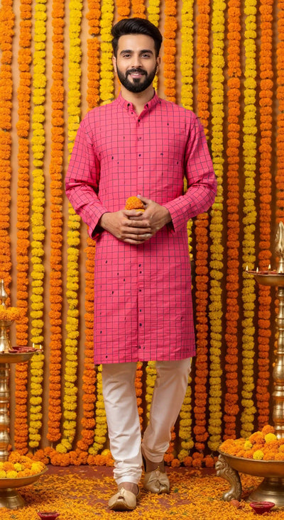 Pink Self Woven Cotton Kurta
