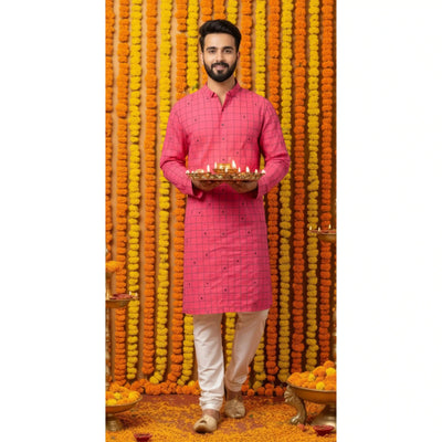 Pink Self Woven Cotton Kurta