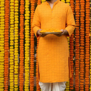 Mustard Self Woven Cotton Kurta