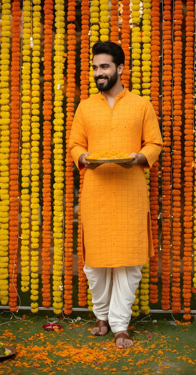 Mustard Self Woven Cotton Kurta