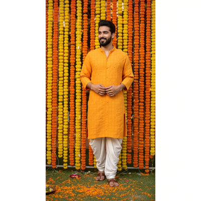 Mustard Self Woven Cotton Kurta