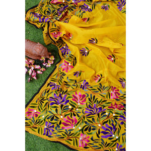 Yellow Chanderi Phulkari Hand Embroidered Dupatta