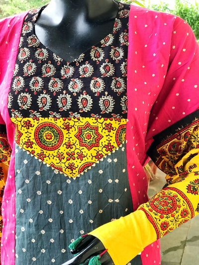 Handmade Ajrakh and Bandhani/Batik Kurti for Women