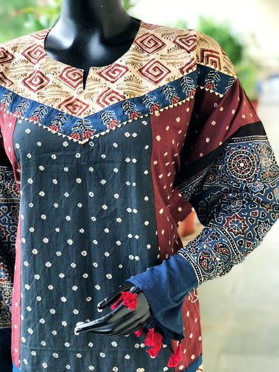 Handmade Ajrakh and Bandhani/Batik Kurti for Women
