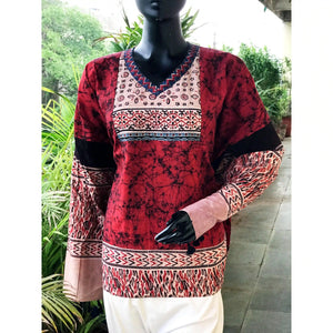 Red Ajrakh Batik Cotton Designer Short Kurti