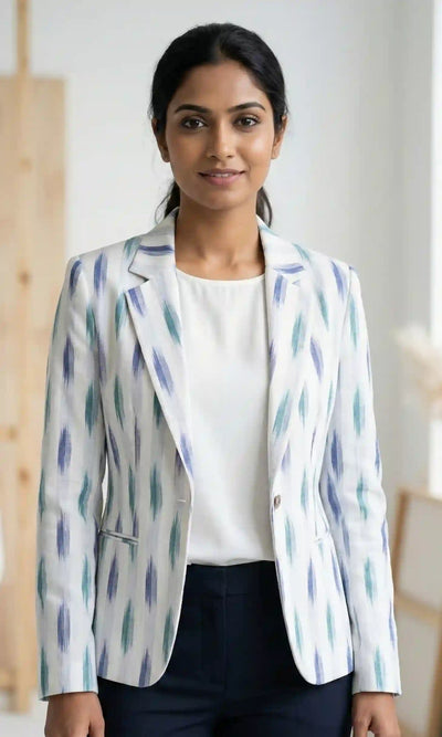 White Handloom Ikat Cotton Blazer