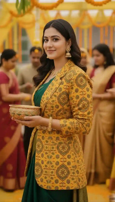 Yellow Ajrakh Modal Silk Blazer