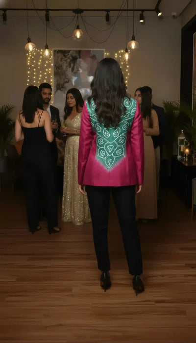 Fuschia Bandhani Dola Silk Blazer