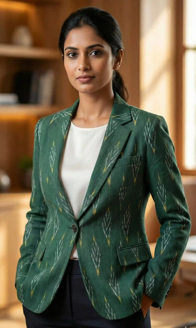 Green Handloom Ikat Cotton Blazer