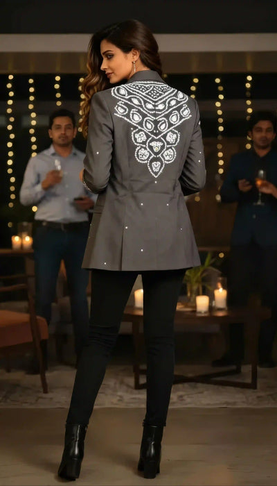 Black Bandhani Cotton Blazer with Mirror work