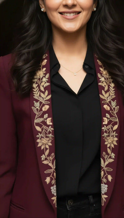 Maroon Modal Silk Zardosi Work Blazer
