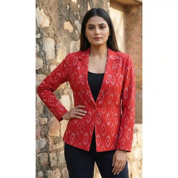 Red Handloom Ikat Cotton Blazer