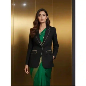 Black Modal Silk Blazer with Piping