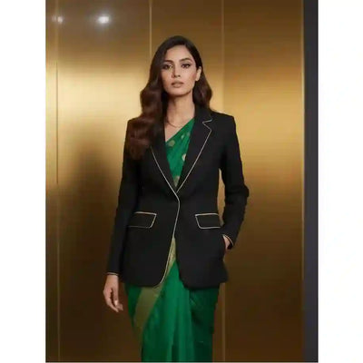 Black Modal Silk Blazer with Piping