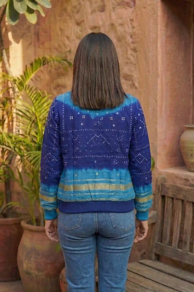 Blue Bandhani Merino Wool Bomber Jacket