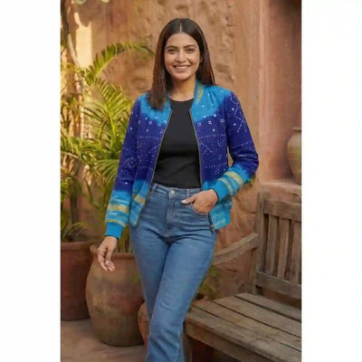 Blue Bandhani Merino Wool Bomber Jacket