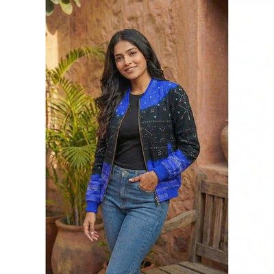 Black Bandhani Merino Wool Bomber Jacket