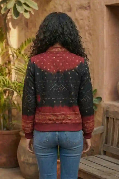 Black Bandhani Merino Wool Bomber Jacket