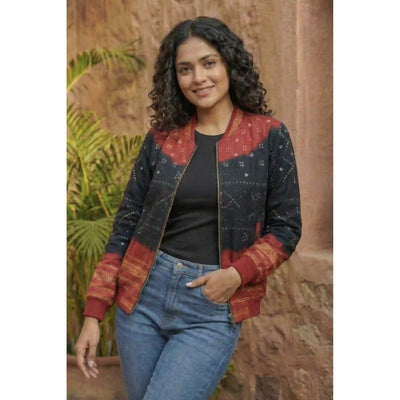 Black Bandhani Merino Wool Bomber Jacket