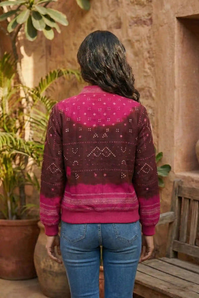 Burgundy Bandhani Merino Wool Bomber Jacket