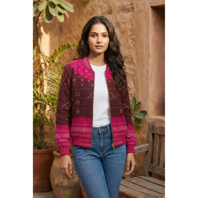 Burgundy Bandhani Merino Wool Bomber Jacket