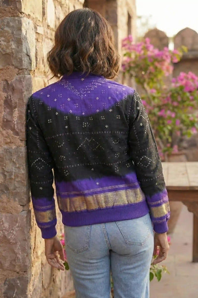 Black Bandhani Merino Wool Bomber Jacket